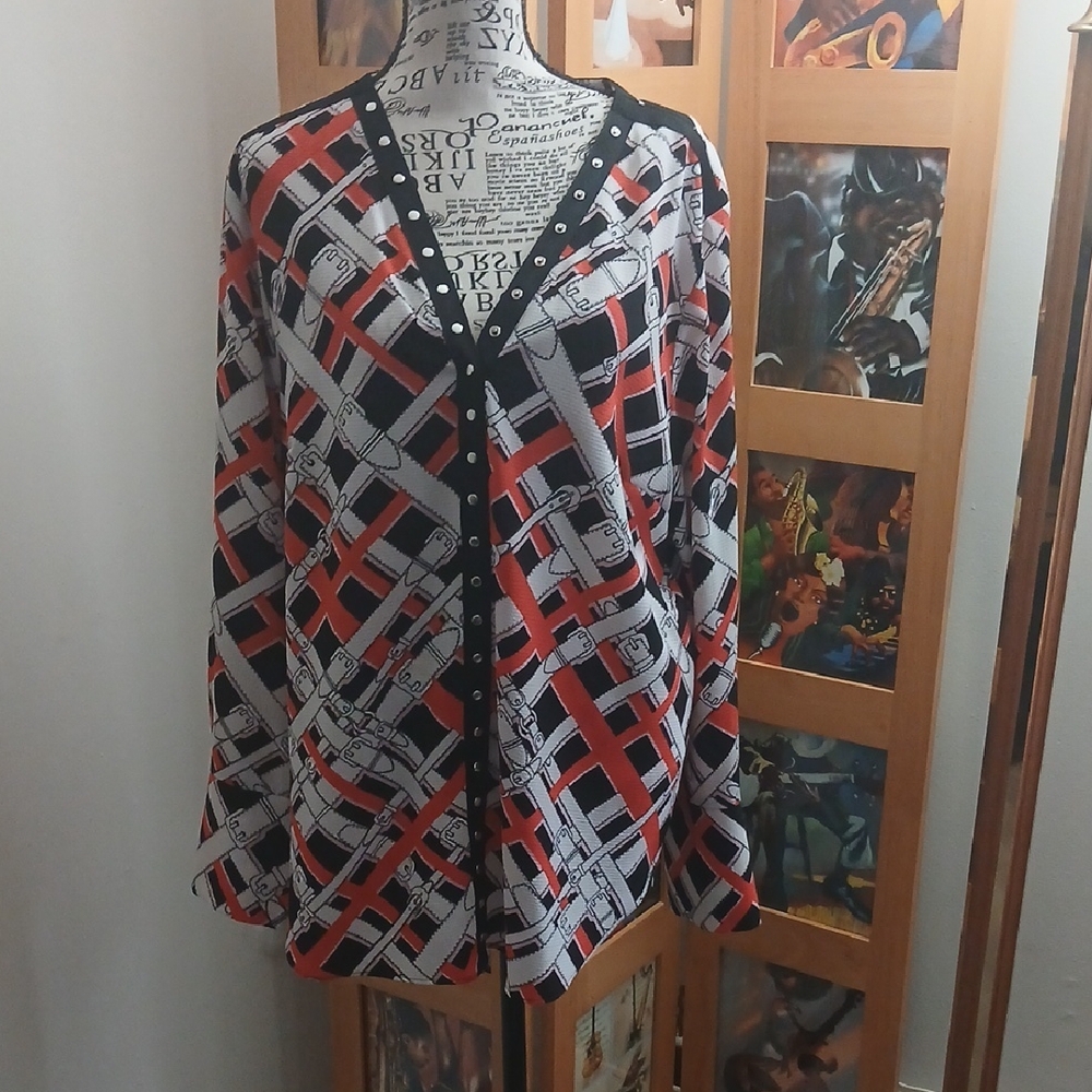 Jones New York Black and Red Geometric Blouse